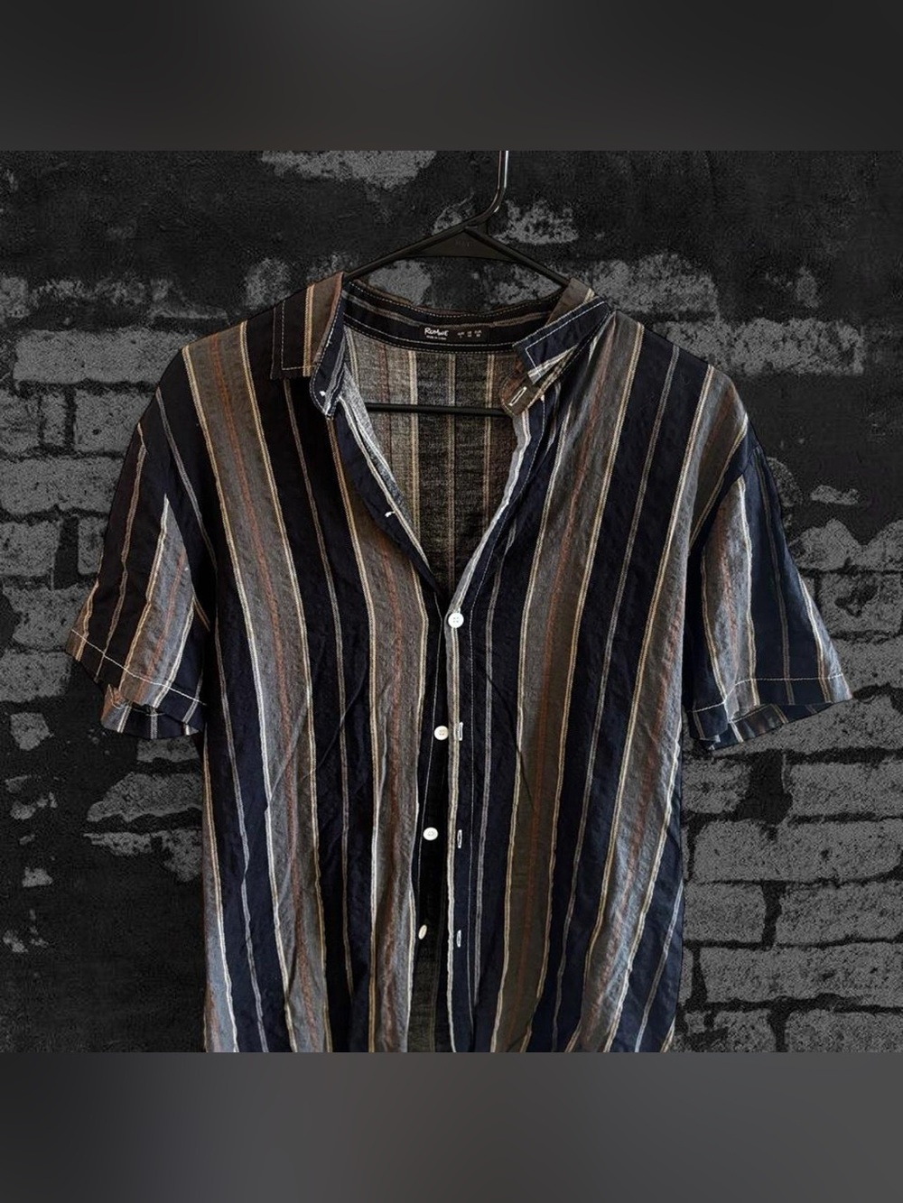 ROMWE Navy, Brown & Cream Vertical Stripe Short-Sleeve Button Shirt